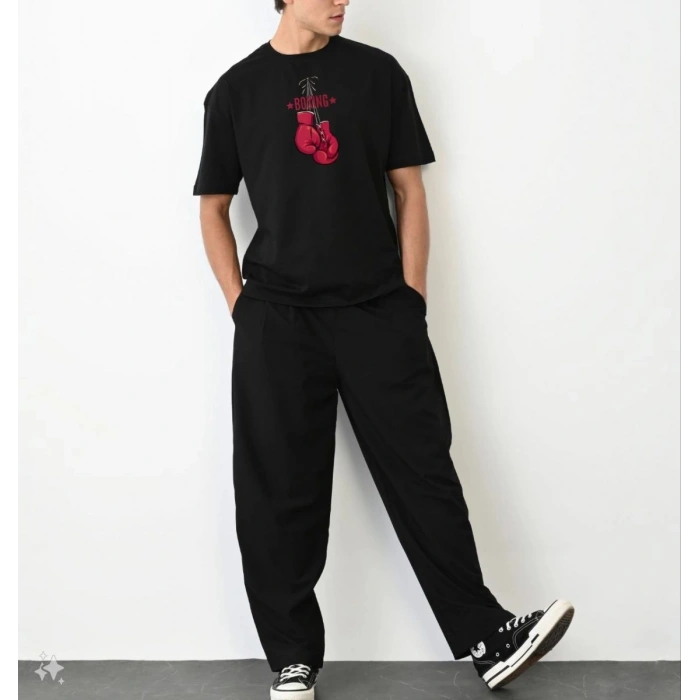 Erkek Boks Eldiven Baskılı T-Shirt Kısa Kol Bisiklet Yaka Regular Tişört - Siyah