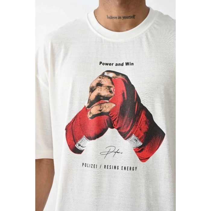 Erkek Box Eldiven Baskılı T-Shirt Kısa Kol Bisiklet Yaka Tişört - Beyaz