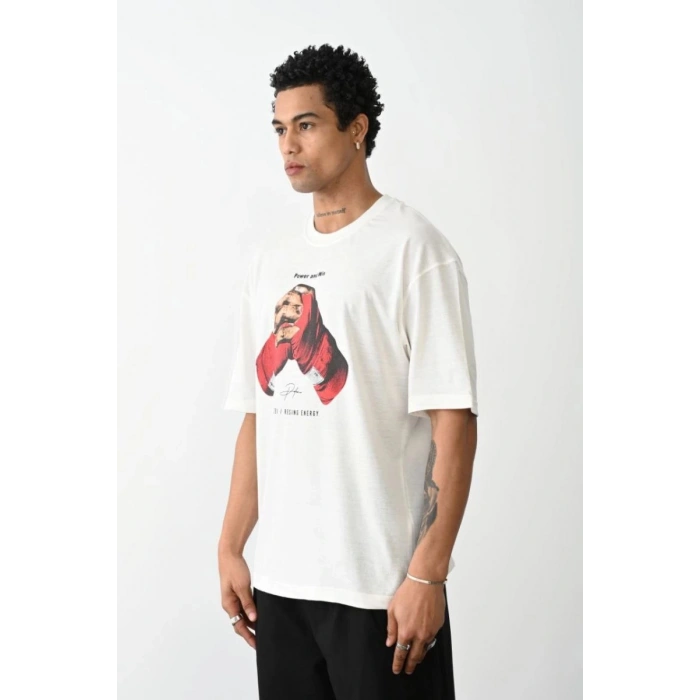 Erkek Box Eldiven Baskılı T-Shirt Kısa Kol Bisiklet Yaka Tişört - Beyaz