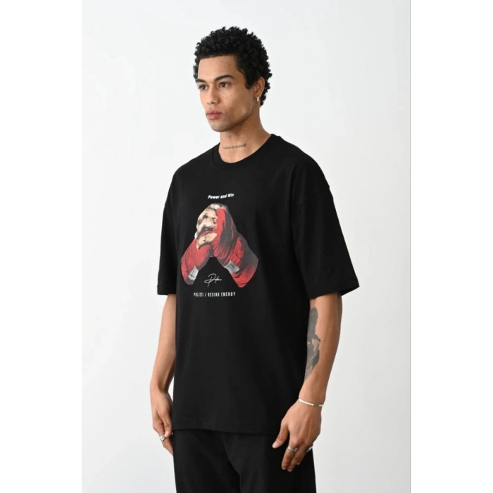Erkek Boxy Eldiven Baskılı T-Shirt Kısa Kol Bisiklet Yaka Tişört - Siyah