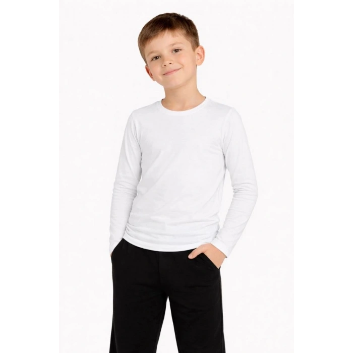 Erkek Çocuk Basic Uzun Kollu Tişört Okul Günlük Rahat T-Shirt - Beyaz