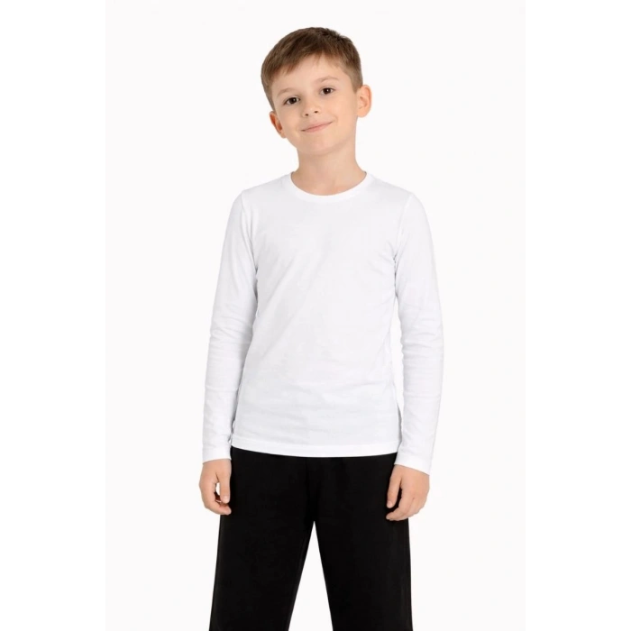 Erkek Çocuk Basic Uzun Kollu Tişört Okul Günlük Rahat T-Shirt - Beyaz