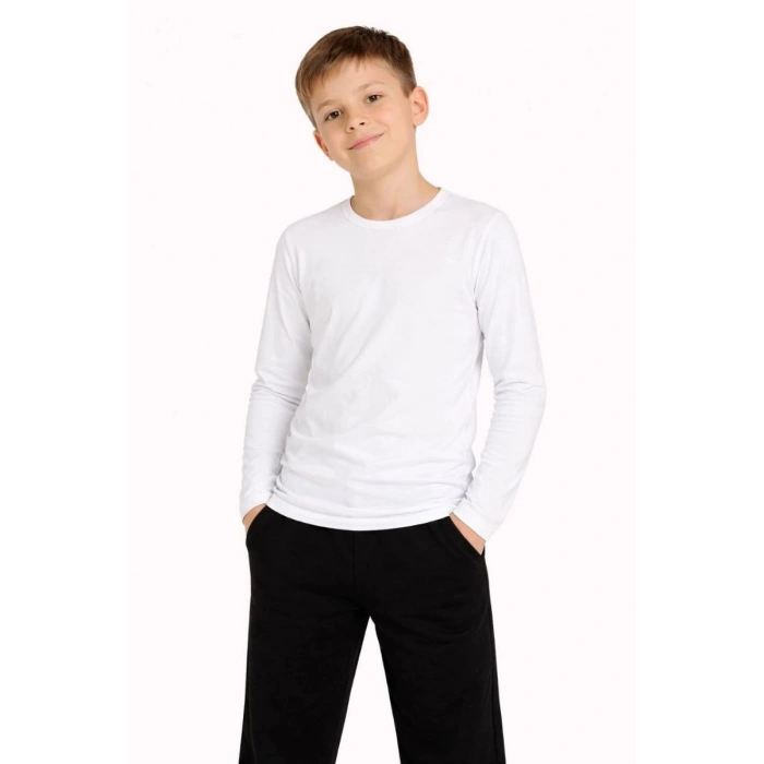 Erkek Çocuk Basic Uzun Kollu Tişört Okul Günlük Rahat T-Shirt - Beyaz