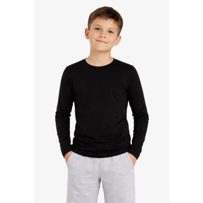 Erkek Çocuk Basic Uzun Kollu Tişört Okul Günlük Rahat T-Shirt - Siyah