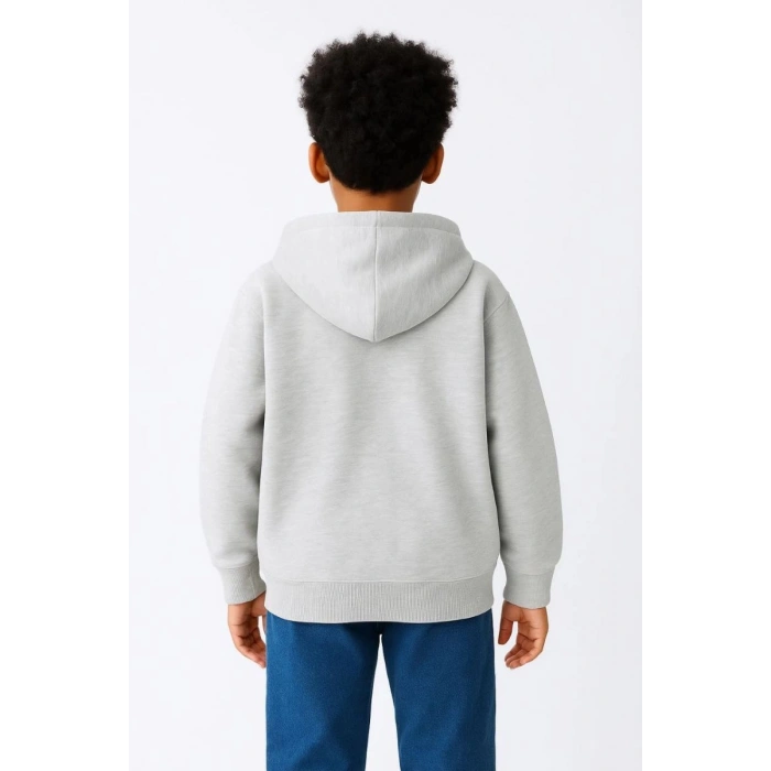 Erkek Çocuk Kapüşonlu Kanguru Cepli Tam Fermuarlı Hırka SweatShirt - Gri