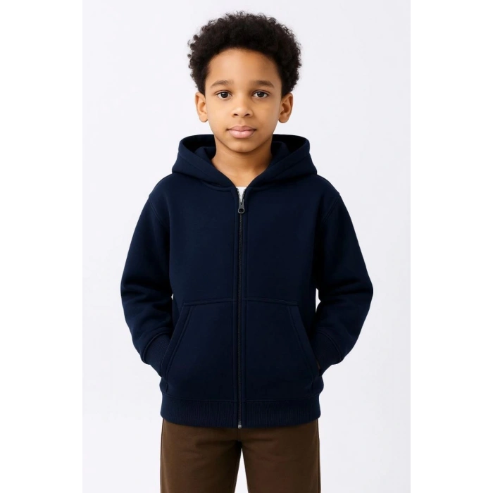 Erkek Çocuk Kapüşonlu Kanguru Cepli Tam Fermuarlı Hırka SweatShirt - Lacivert