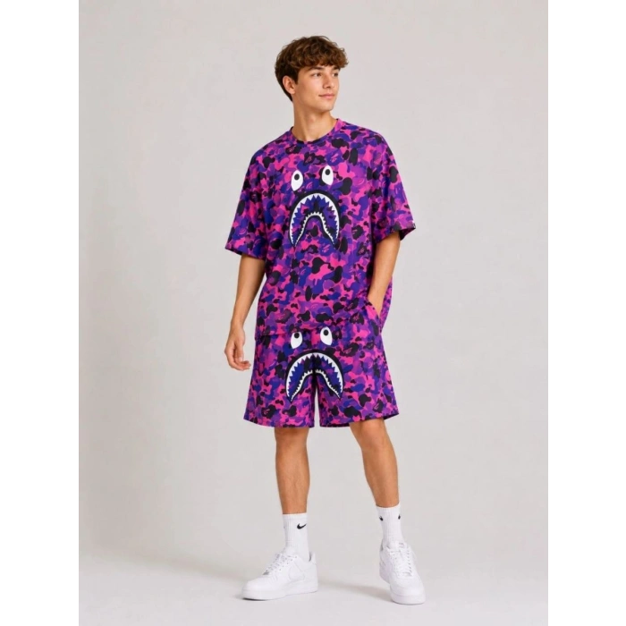 Erkek Çocuk Oversize Kalıp Pubg Bape X Shark Nakışlı Cepli Şort Takım - Mor
