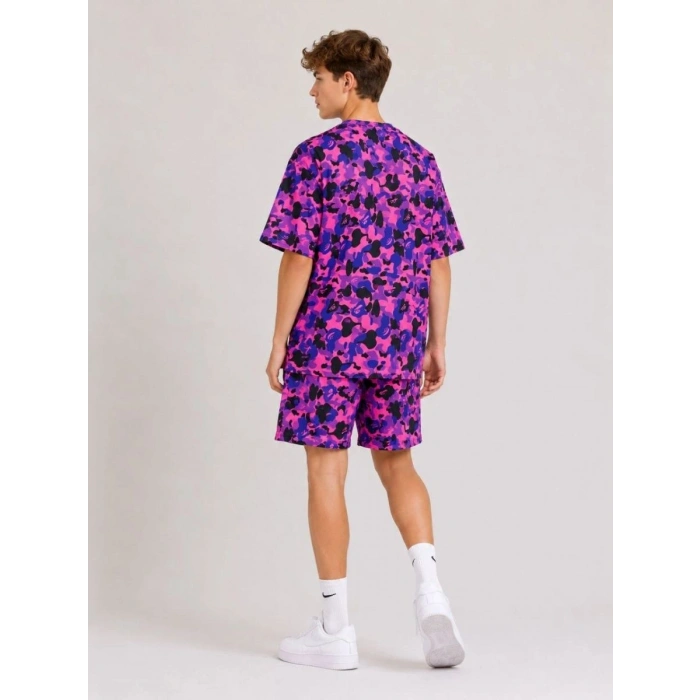 Erkek Çocuk Oversize Kalıp Pubg Bape X Shark Nakışlı Cepli Şort Takım - Mor