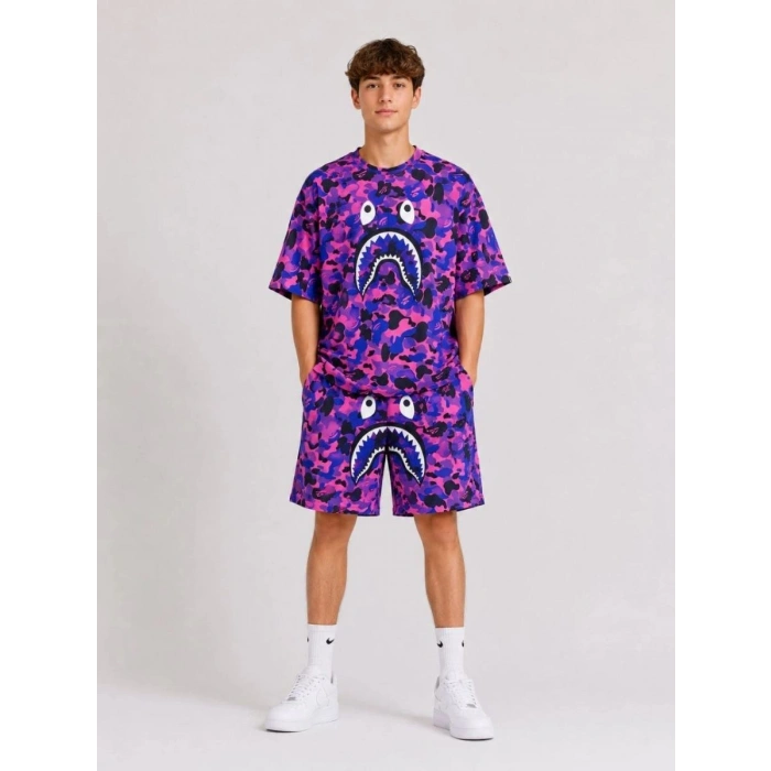 Erkek Çocuk Oversize Kalıp Pubg Bape X Shark Nakışlı Cepli Şort Takım - Mor