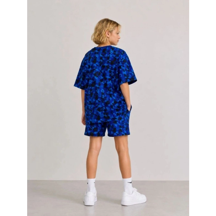 Erkek Çocuk Oversize Kalıp Pubg Bape X Shark Nakışlı Cepli Şort Takım - Siyah