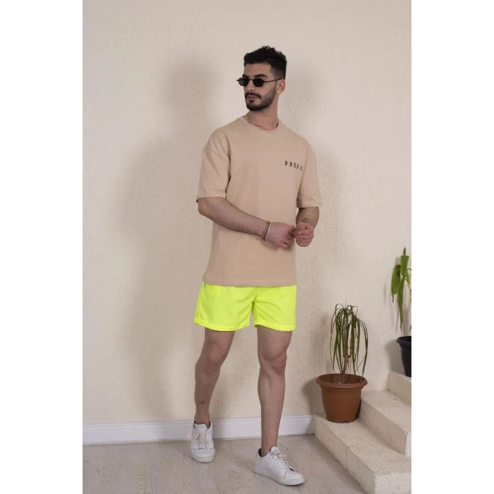 Erkek Deniz Şortu Fermuarlı Cepli File Astarlı - Neon Yeşili