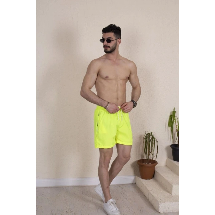 Erkek Deniz Şortu Fermuarlı Cepli File Astarlı - Neon Yeşili