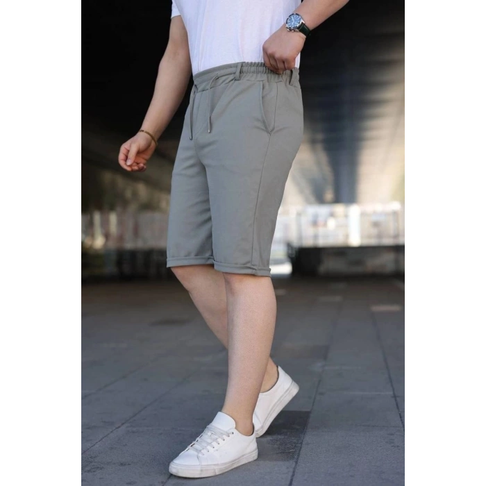 Erkek Diagonel Kumaş Duble Paça Cepli Bağcıklı Bel Lastikli ŞORT - Mint Yeşili