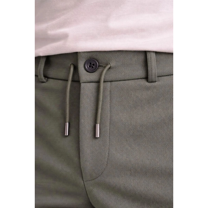 Erkek Diagonel Mikro dokulu Duble Paça Cepli Pantolon , Modern Kesim - Haki