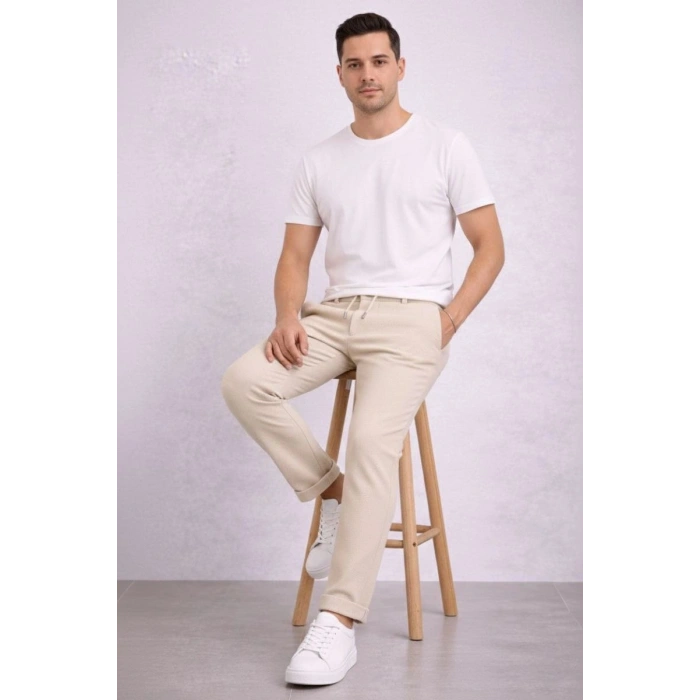 Erkek Diagonel Mikro dokulu Duble Paça Cepli Pantolon ,Modern Kesim - Krem