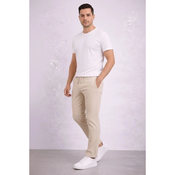 Erkek Diagonel Mikro dokulu Duble Paça Cepli Pantolon ,Modern Kesim - Krem