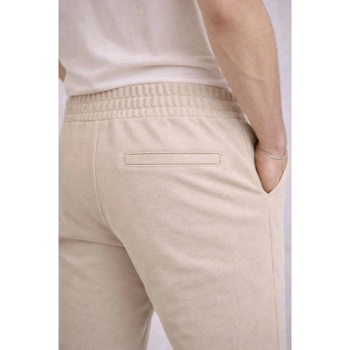 Erkek Diagonel Mikro dokulu Duble Paça Cepli Pantolon ,Modern Kesim - Krem
