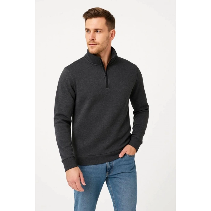 Erkek Dik Yaka Yarım Fermuarlı 3 İplik Pamuklu Sweatshirt -  Antrasit