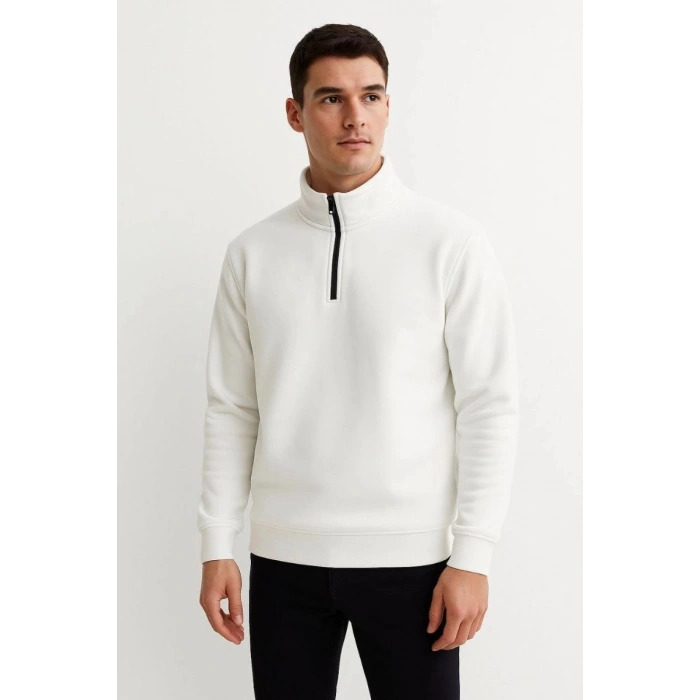Erkek Dik Yaka Yarım Fermuarlı 3 İplik Pamuklu Sweatshirt - Beyaz