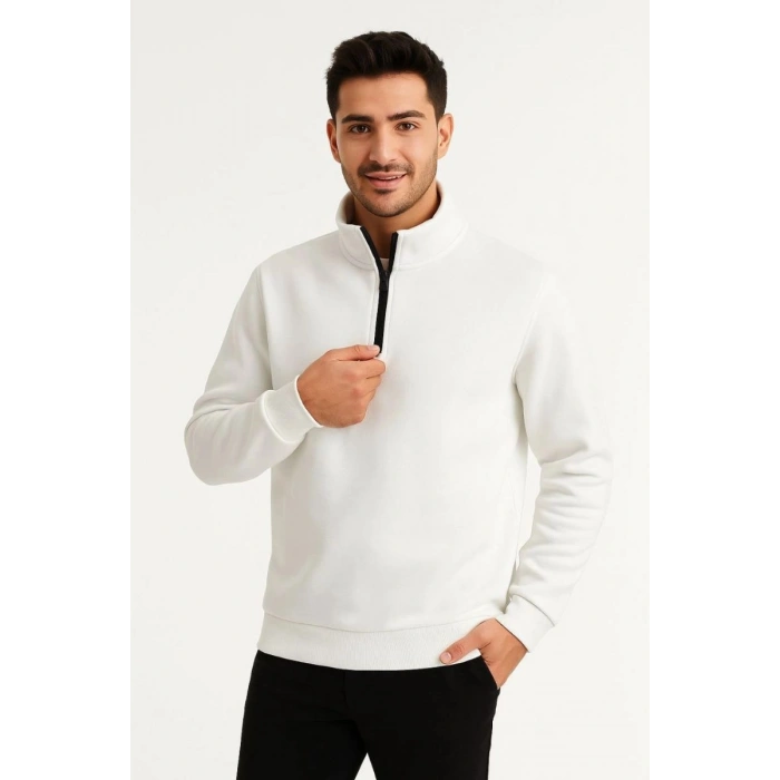 Erkek Dik Yaka Yarım Fermuarlı 3 İplik Pamuklu Sweatshirt - Beyaz