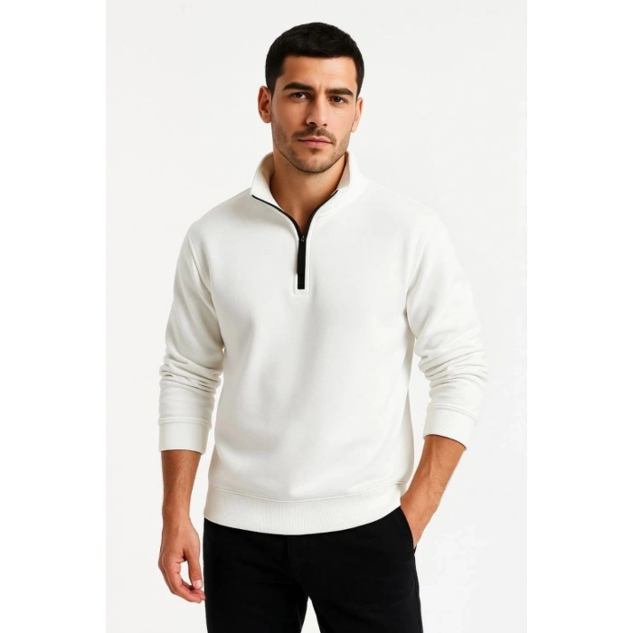 Erkek Dik Yaka Yarım Fermuarlı 3 İplik Pamuklu Sweatshirt - Beyaz
