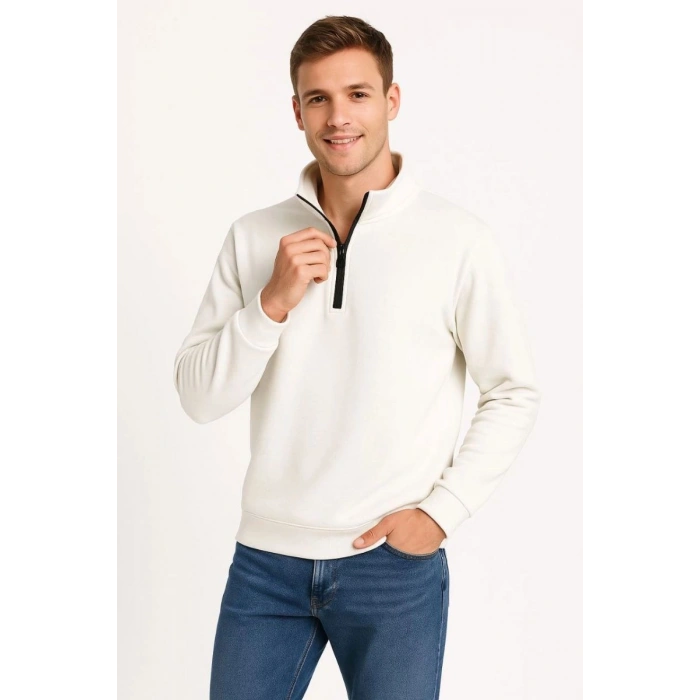 Erkek Dik Yaka Yarım Fermuarlı 3 İplik Pamuklu Sweatshirt - Beyaz