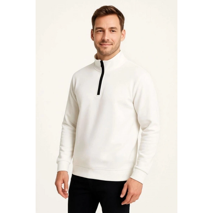 Erkek Dik Yaka Yarım Fermuarlı 3 İplik Pamuklu Sweatshirt - Beyaz