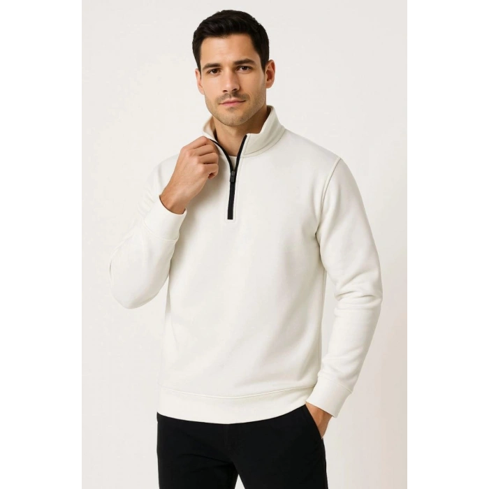 Erkek Dik Yaka Yarım Fermuarlı 3 İplik Pamuklu Sweatshirt - Beyaz
