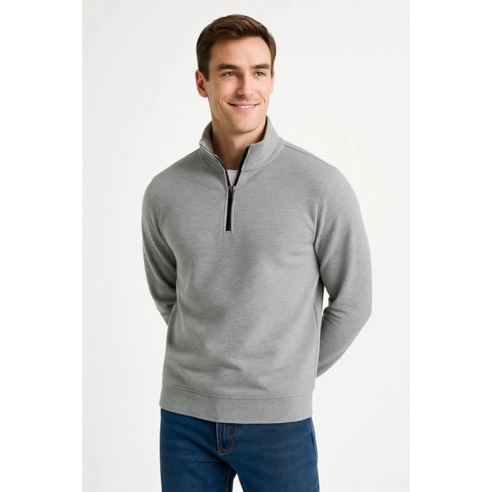 Erkek Dik Yaka Yarım Fermuarlı 3 İplik Pamuklu Sweatshirt - Gri