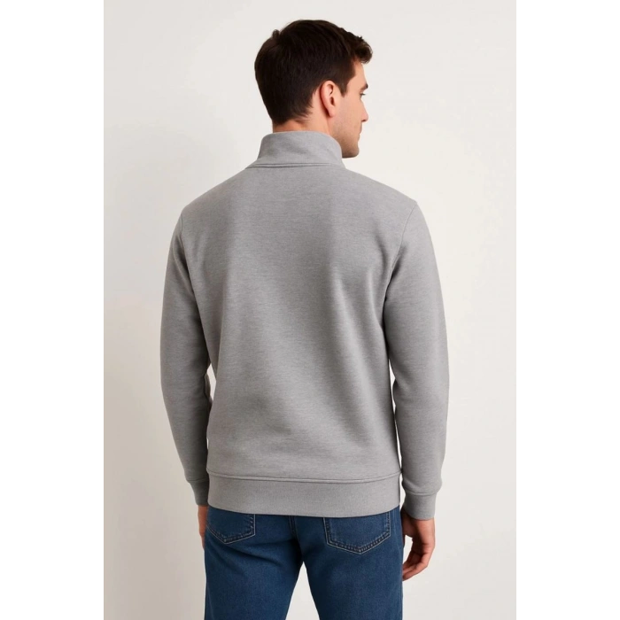 Erkek Dik Yaka Yarım Fermuarlı 3 İplik Pamuklu Sweatshirt - Gri