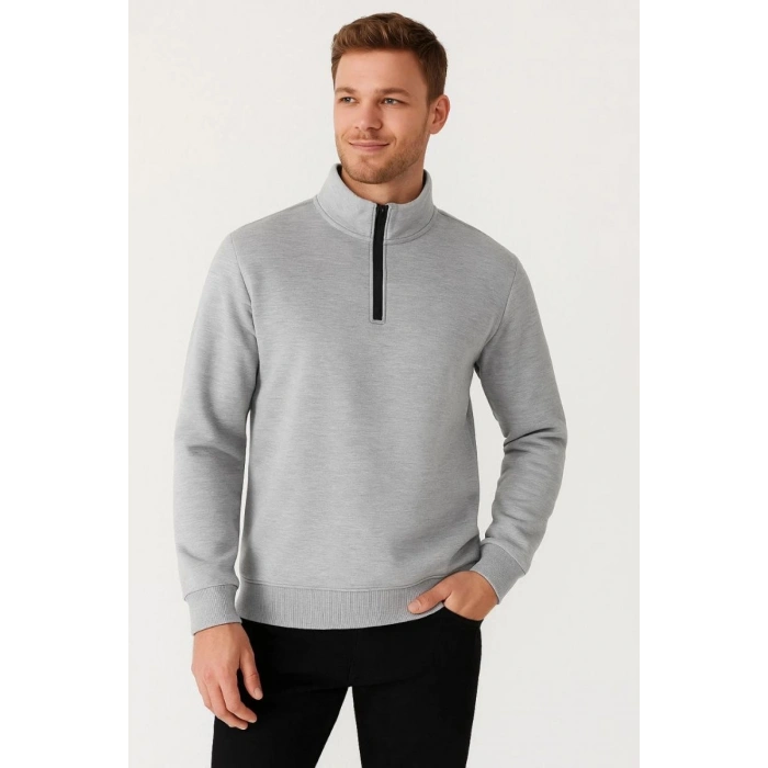 Erkek Dik Yaka Yarım Fermuarlı 3 İplik Pamuklu Sweatshirt - Gri
