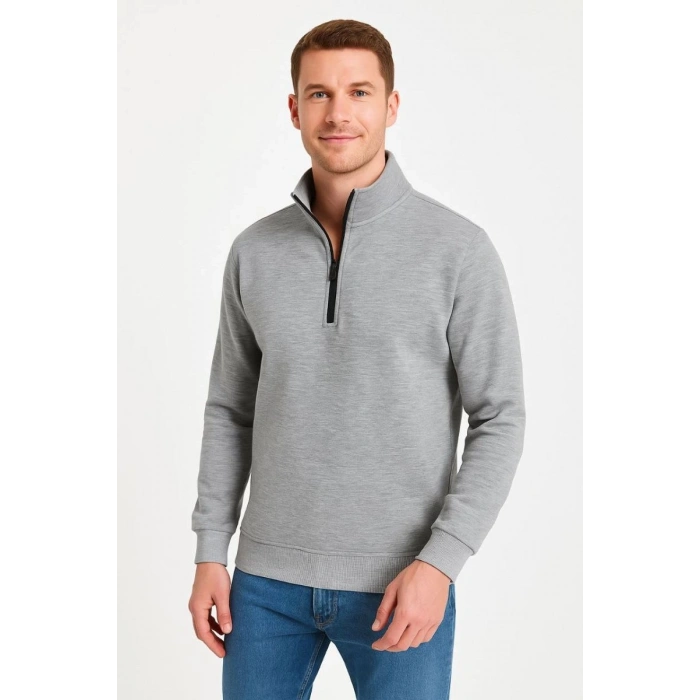 Erkek Dik Yaka Yarım Fermuarlı 3 İplik Pamuklu Sweatshirt - Gri