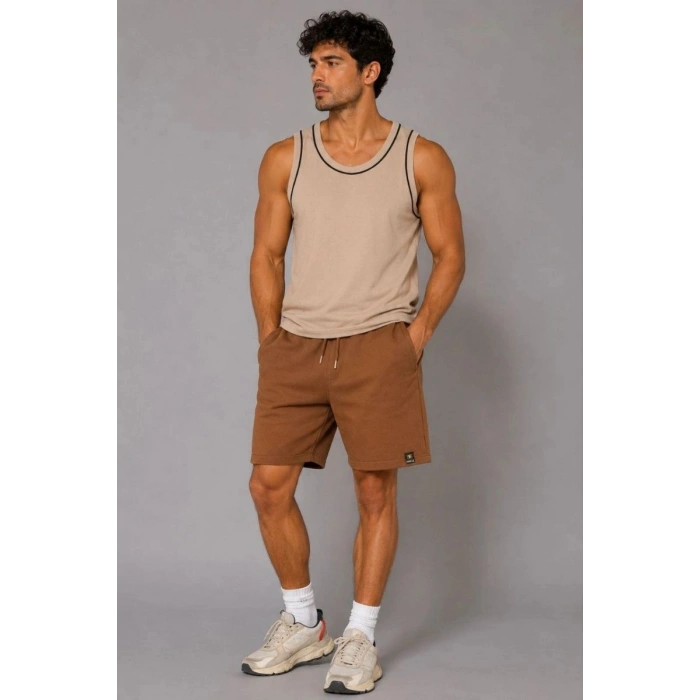 Erkek Dokuma Kumaş Cepli Bağcıklı Regular Fit Yazlık Şort - Kahverengi