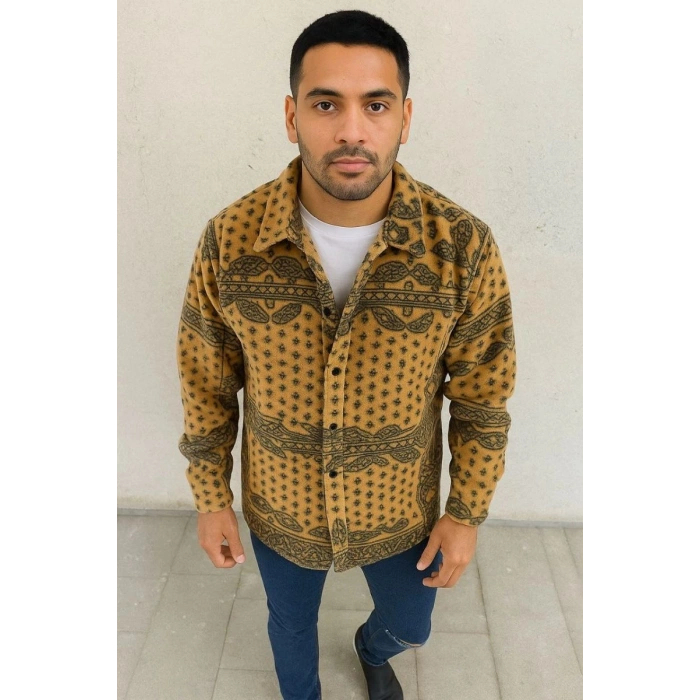 Erkek Düğmeli Gömlek Polar Sweatshirt Yumuşak Dokulu Oversize Kalıp -Sarı