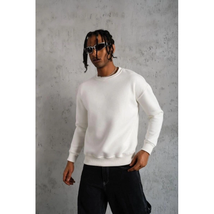 Erkek Düz Bisiklet Yaka 3 iplik pamuklu Sweatshirt - Beyaz