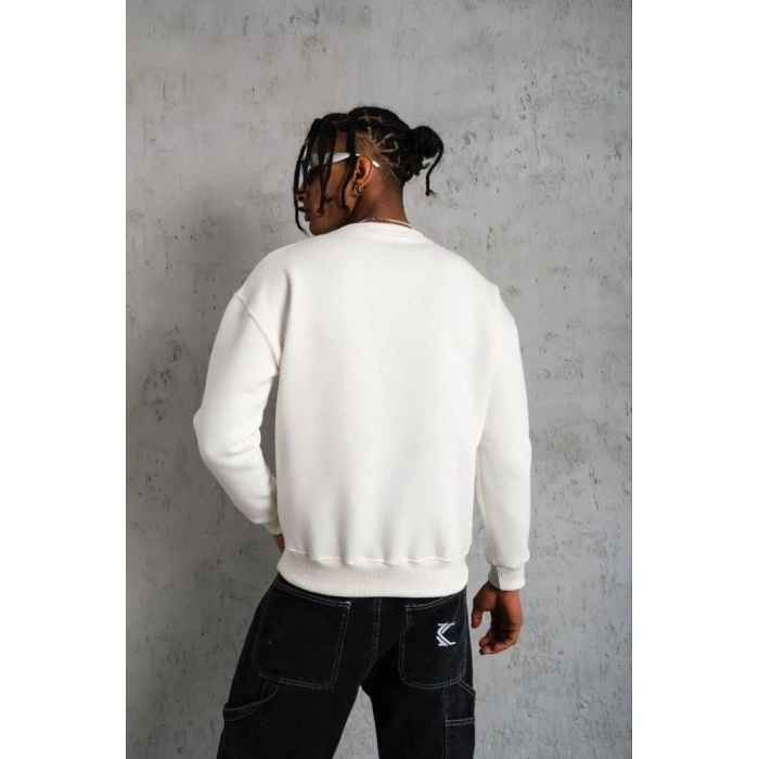 Erkek Düz Bisiklet Yaka 3 iplik pamuklu Sweatshirt - Beyaz
