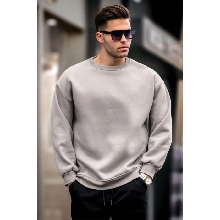 Erkek Düz Bisiklet Yaka 3 iplik Sweatshirt - Boyalı Gri