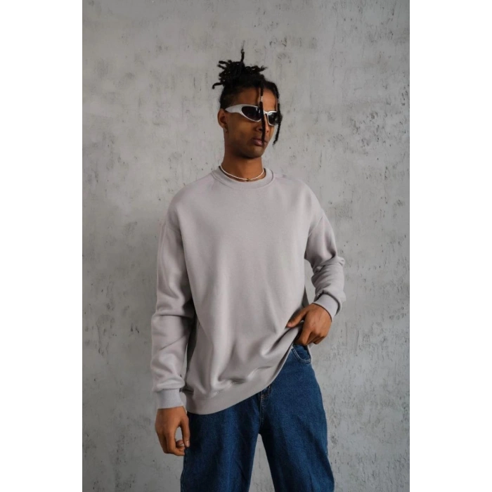 Erkek Düz Bisiklet Yaka 3 iplik Sweatshirt - Boyalı Gri
