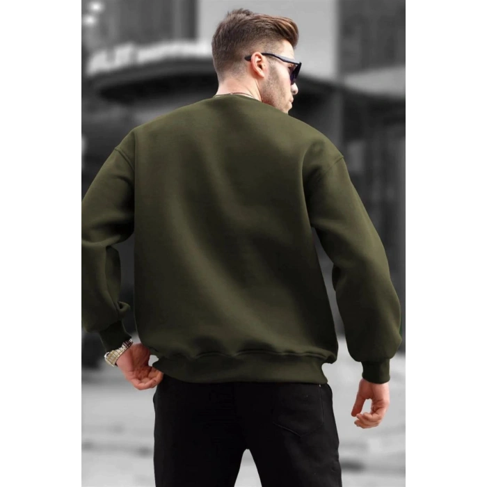 Erkek Düz Bisiklet Yaka 3 İplik  Sweatshirt - Yeşil