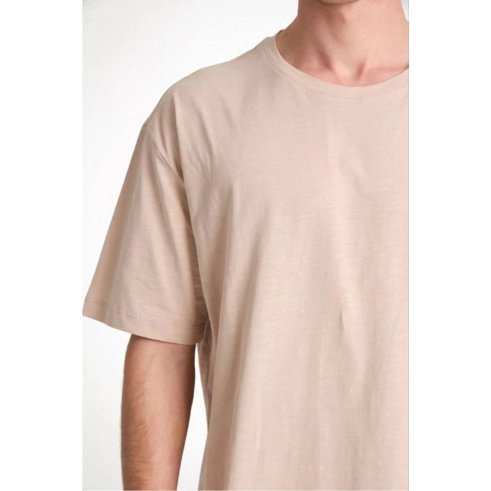 Erkek Düz Penye Tişört Bisiklet Yaka Kısa Kol Regular Fit T-Shirt - Bej