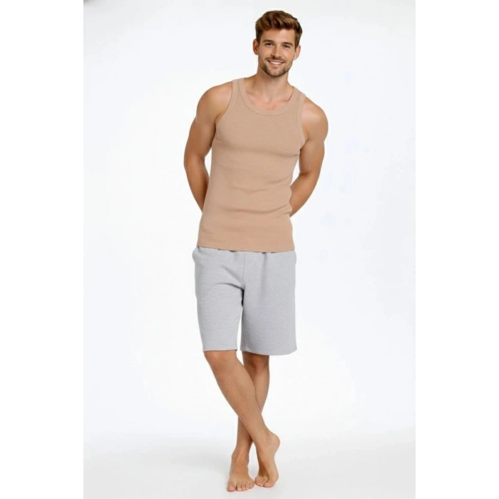 Erkek Fitilli Atlet Sıfır Yaka Slim Fit Arka Baskılı Spor Atlet - Bej