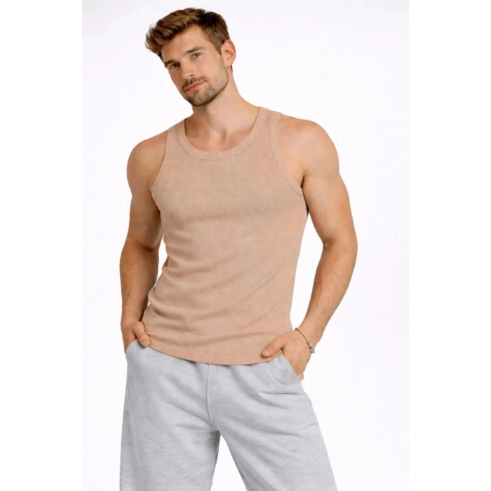 Erkek Fitilli Atlet Sıfır Yaka Slim Fit Arka Baskılı Spor Atlet - Bej