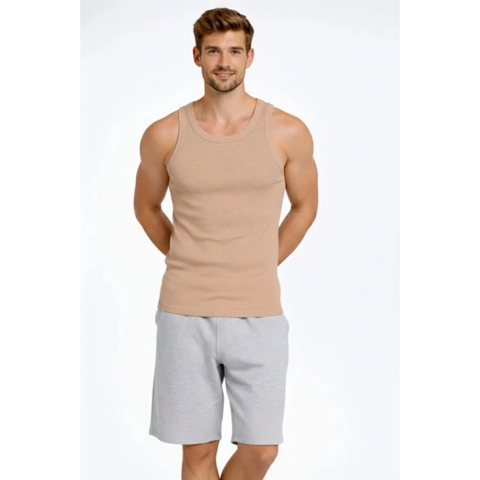 Erkek Fitilli Atlet Sıfır Yaka Slim Fit Arka Baskılı Spor Atlet - Bej