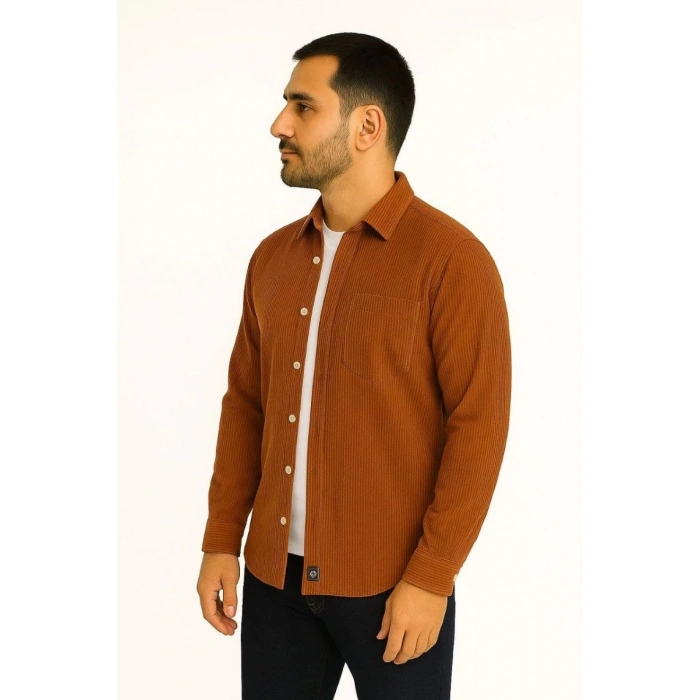 Erkek Fitilli Kadife Cepli Gömlek Oversize Rahat Kalıp - Kahverengi