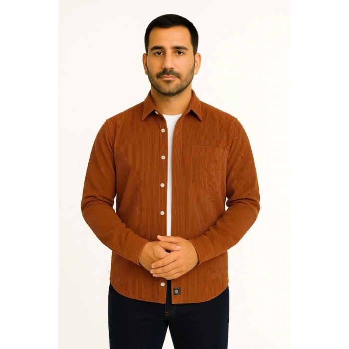 Erkek Fitilli Kadife Cepli Gömlek Oversize Rahat Kalıp - Kahverengi
