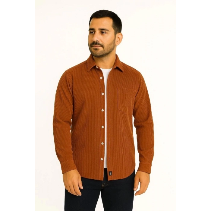Erkek Fitilli Kadife Cepli Gömlek Oversize Rahat Kalıp - Kahverengi