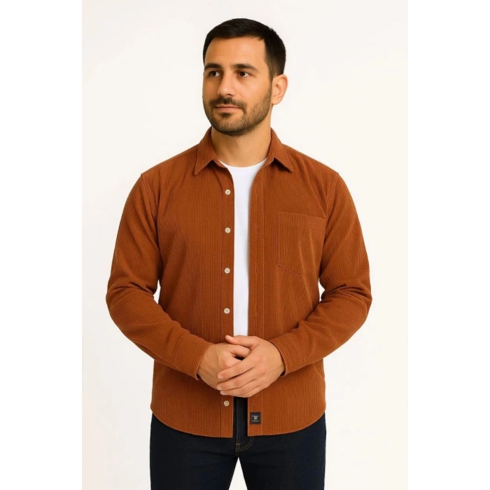 Erkek Fitilli Kadife Cepli Gömlek Oversize Rahat Kalıp - Kahverengi