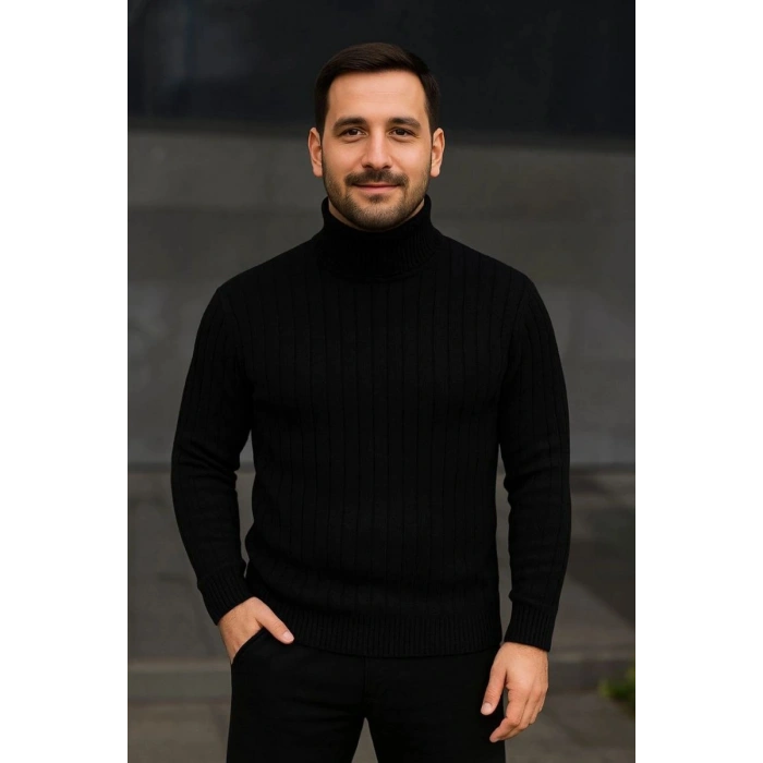 Erkek Fitilli Kazak Tam Boğazlı Balıkçı Yaka Triko 2li Set Bej-Siyah