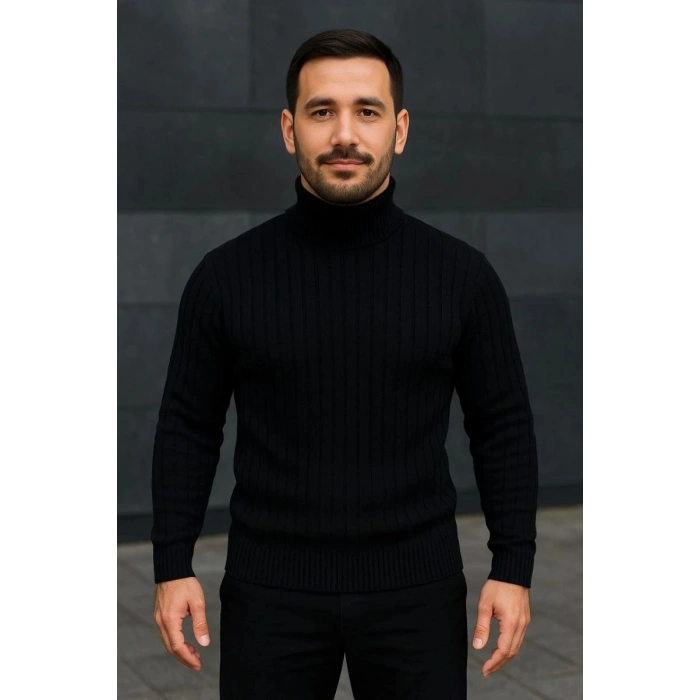 Erkek Fitilli Kazak Tam Boğazlı Balıkçı Yaka Triko 2li Set Beyaz-Siyah