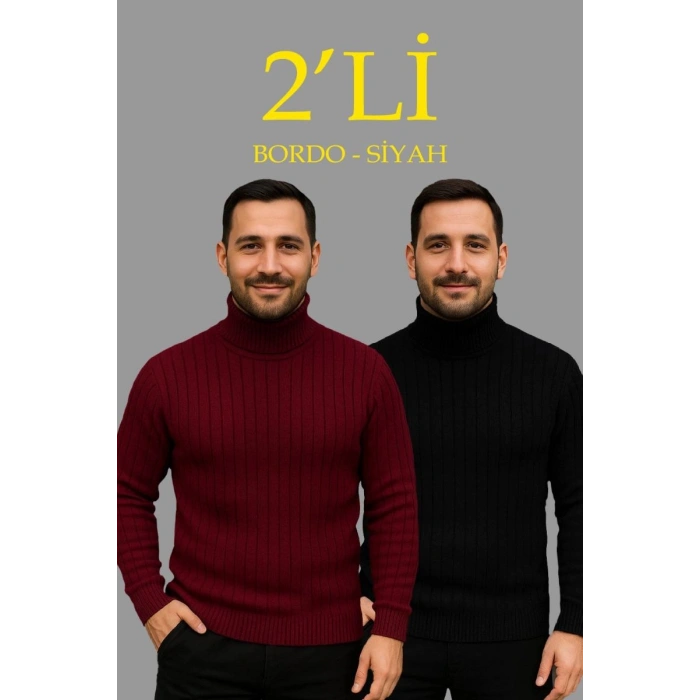 Erkek Fitilli Kazak Tam Boğazlı Balıkçı Yaka Triko 2li Set Bordo-Siyah